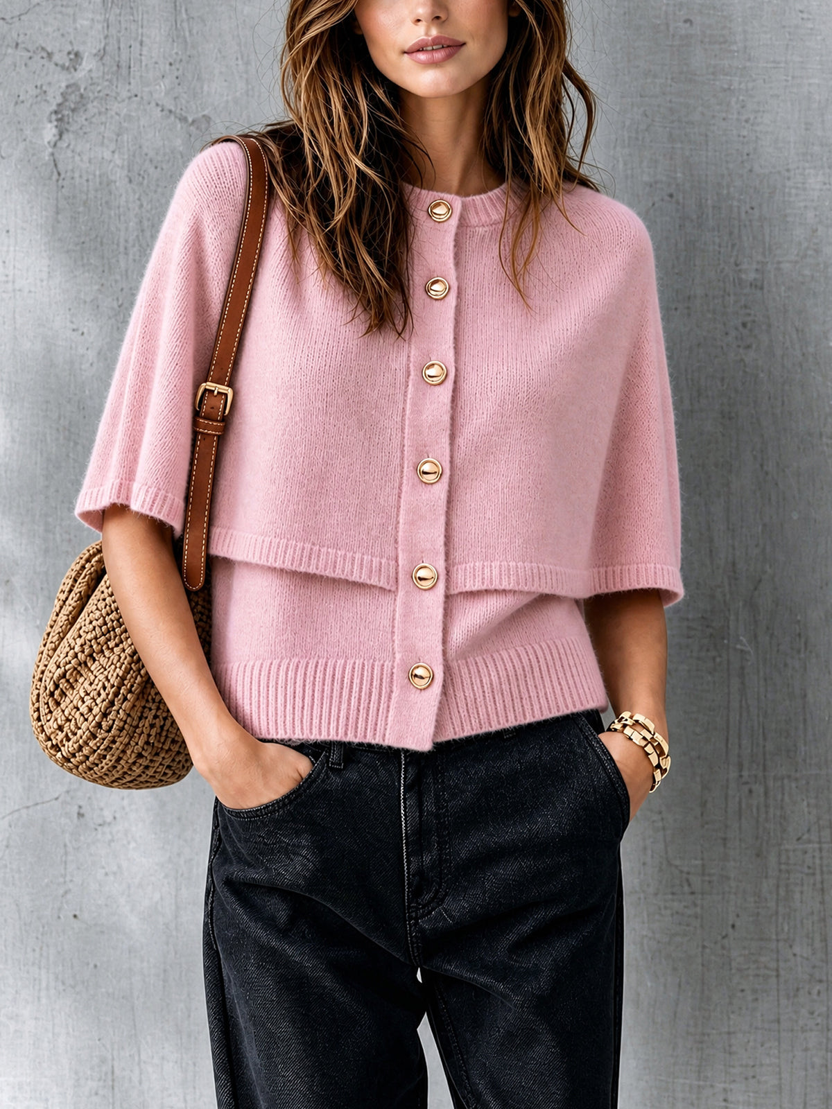 ElevenOra Chic Elegant Pink Round-Neck Cape-Sleeve Single-Breasted Loose-Fit Wool Blend Knit Faux Two-Piece Cardigan