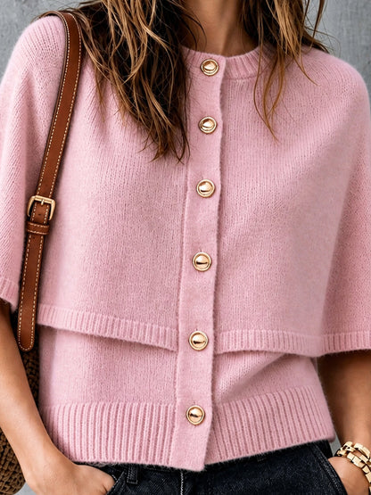 ElevenOra Chic Elegant Pink Round-Neck Cape-Sleeve Single-Breasted Loose-Fit Wool Blend Knit Faux Two-Piece Cardigan