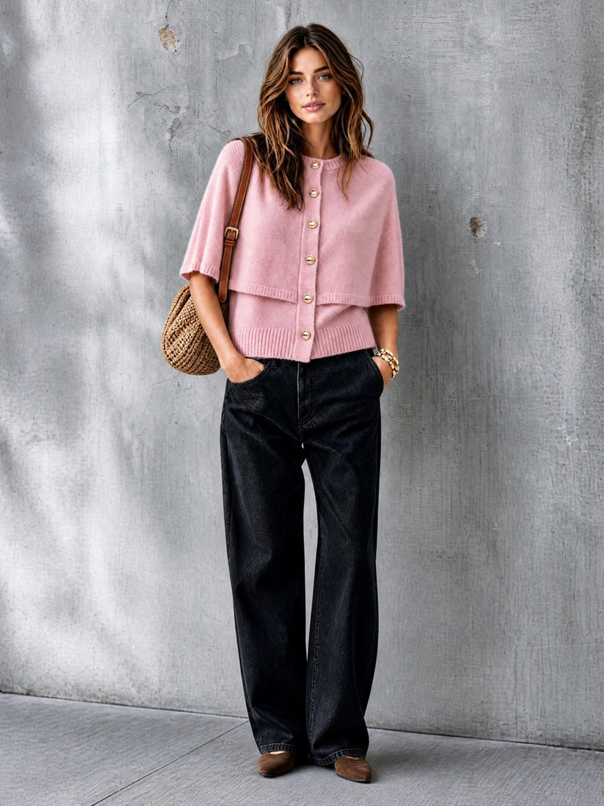 ElevenOra Chic Elegant Pink Round-Neck Cape-Sleeve Single-Breasted Loose-Fit Wool Blend Knit Faux Two-Piece Cardigan