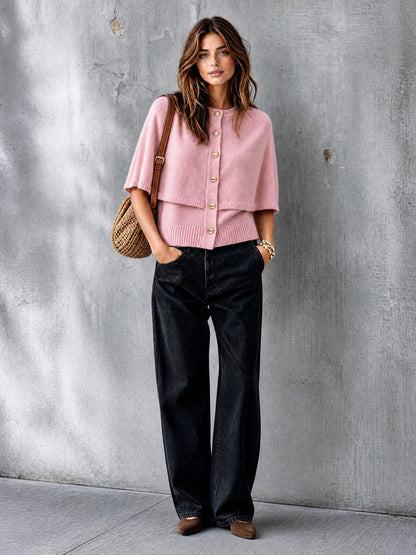 ElevenOra Chic Elegant Pink Round-Neck Cape-Sleeve Single-Breasted Loose-Fit Wool Blend Knit Faux Two-Piece Cardigan