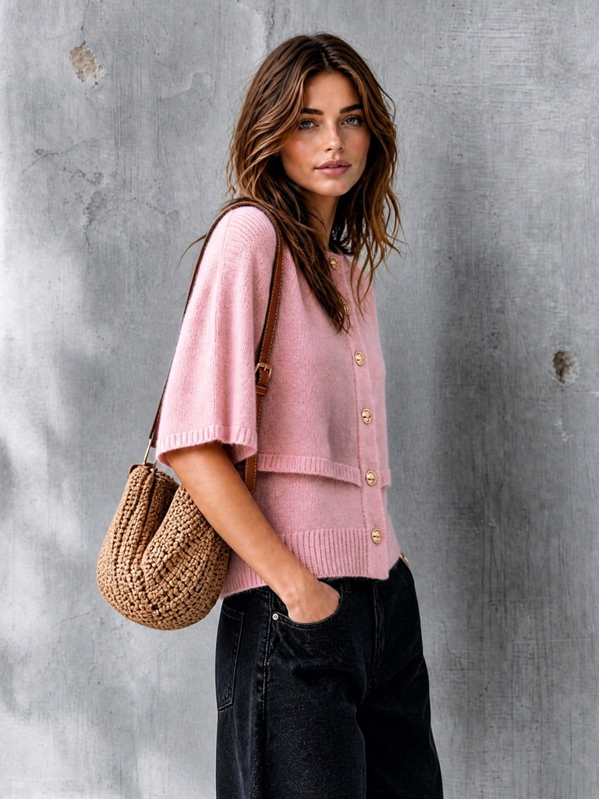 ElevenOra Chic Elegant Pink Round-Neck Cape-Sleeve Single-Breasted Loose-Fit Wool Blend Knit Faux Two-Piece Cardigan