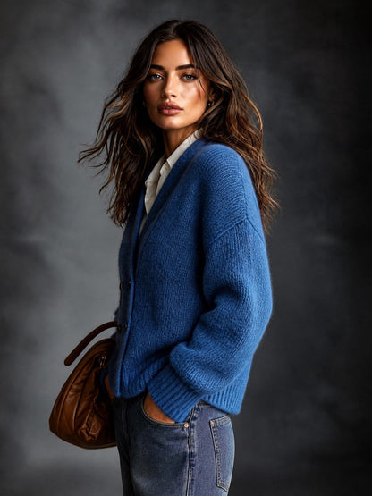 ElevenOra Chic Elegant Dark Blue V-Neck Dropped-Shoulder Long-Sleeve Double-Breasted Loose-Fit Wool Blend Knit Cardigan