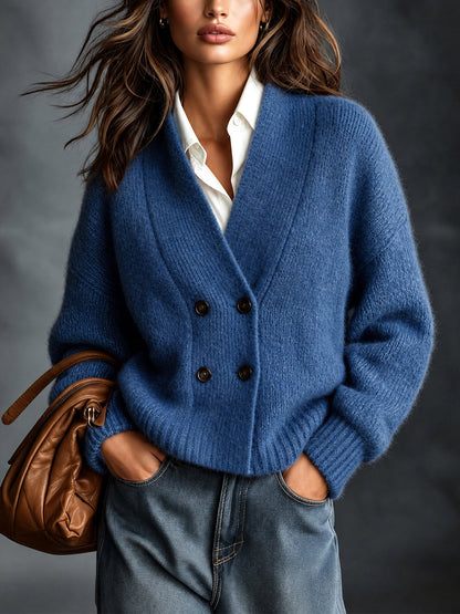 ElevenOra Chic Elegant Dark Blue V-Neck Dropped-Shoulder Long-Sleeve Double-Breasted Loose-Fit Wool Blend Knit Cardigan