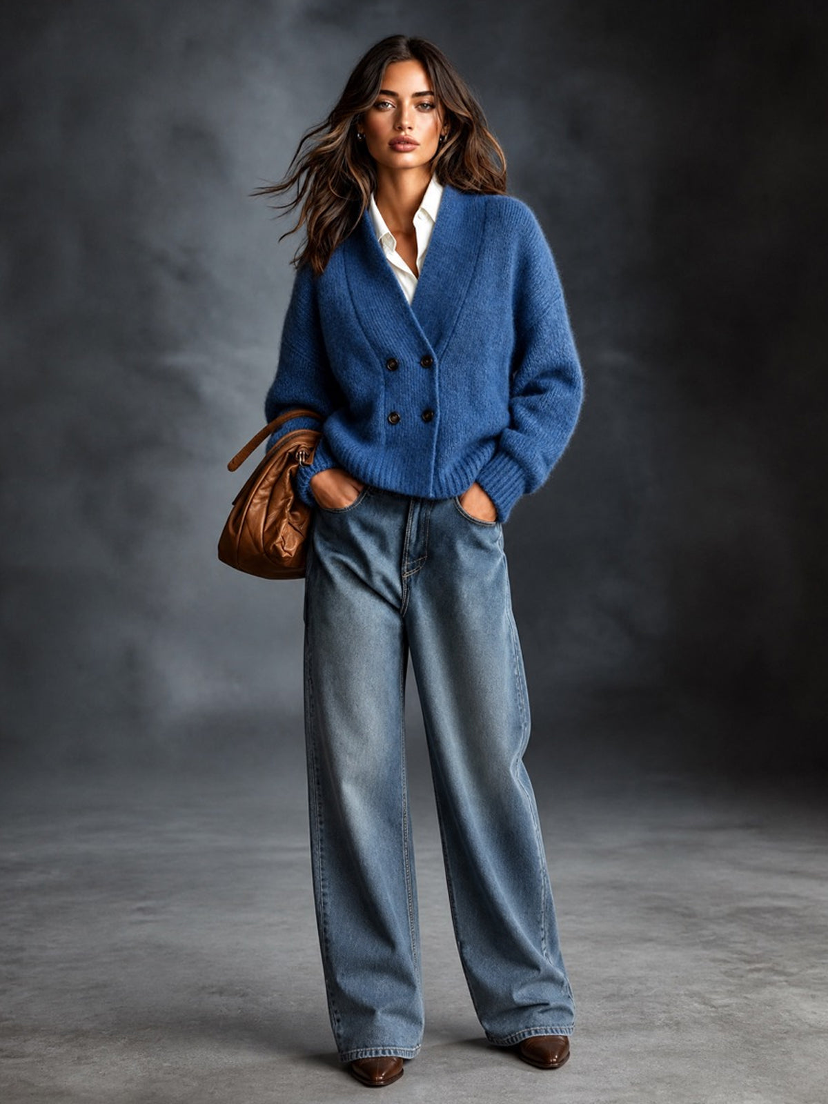 ElevenOra Chic Elegant Dark Blue V-Neck Dropped-Shoulder Long-Sleeve Double-Breasted Loose-Fit Wool Blend Knit Cardigan