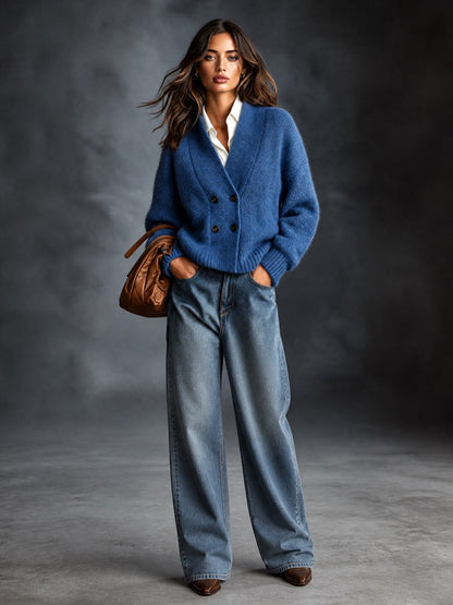 ElevenOra Chic Elegant Dark Blue V-Neck Dropped-Shoulder Long-Sleeve Double-Breasted Loose-Fit Wool Blend Knit Cardigan