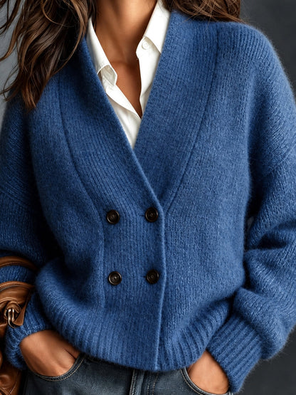 ElevenOra Chic Elegant Dark Blue V-Neck Dropped-Shoulder Long-Sleeve Double-Breasted Loose-Fit Wool Blend Knit Cardigan