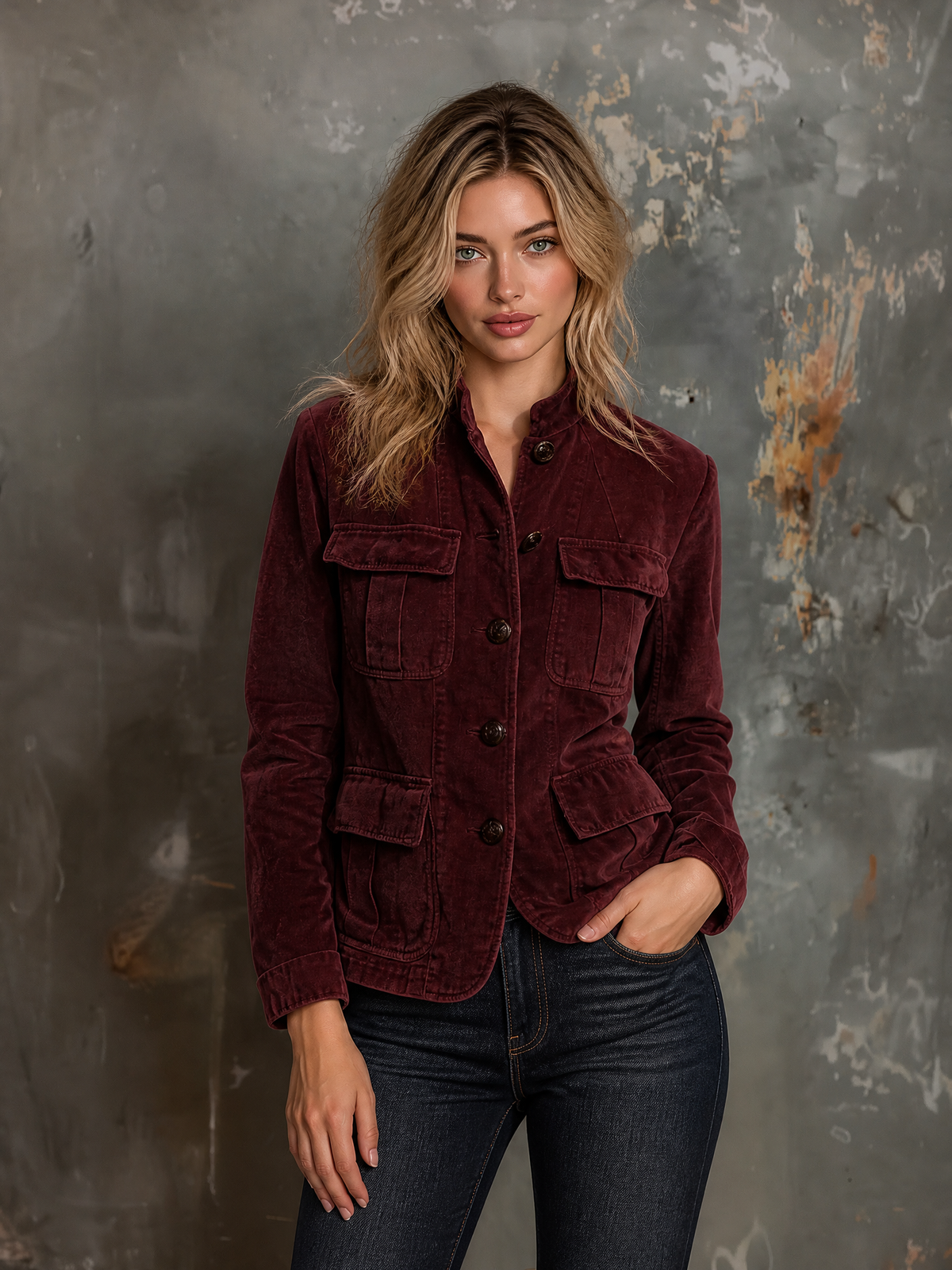 ElevenOra Chic Casual Deep Burgundy Stand Collar Single-Breasted Patch Pocket Long-Sleeve Loose-Fit Cotton Blend Cargo Jacket