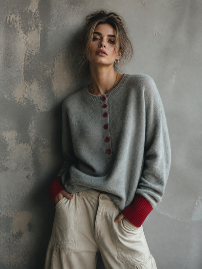 ElevenOra Chic Casual Heather Grey Round-Neck Contrast Button Long Sleeve Loose-Fit Wool Blend Knit Sweater