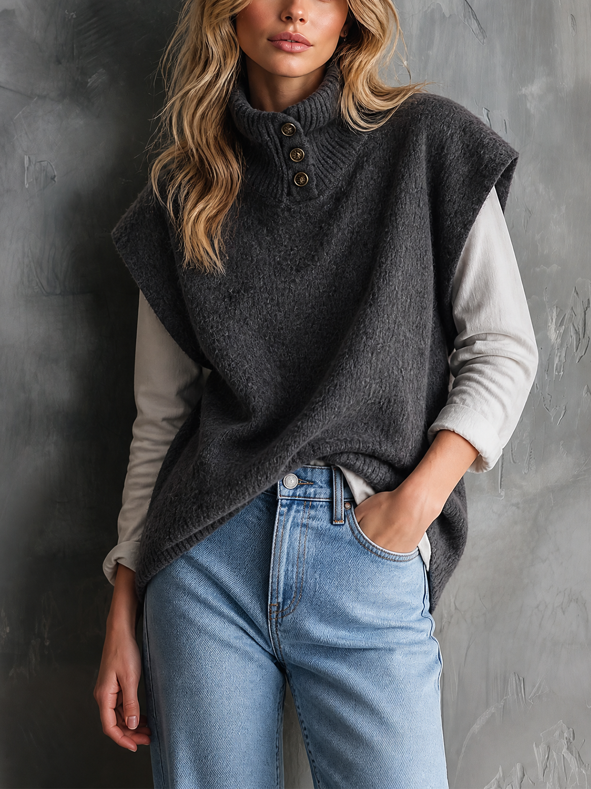 ElevenOra Chic Casual Dark Grey Turtleneck Button Detail Sleeveless Loose-Fit Wool‑Blend Knit Vest Top