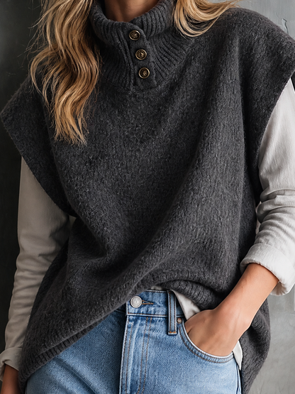 ElevenOra Chic Casual Dark Grey Turtleneck Button Detail Sleeveless Loose-Fit Wool‑Blend Knit Vest Top