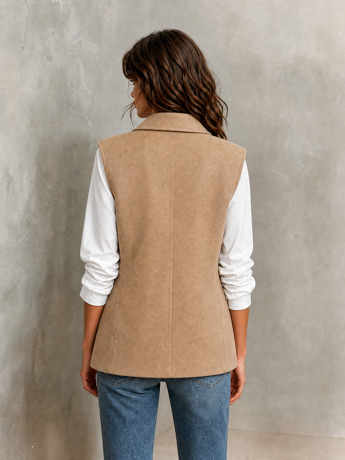 ElevenOra Chic Elegant Camel Wool Blend Notched Lapel Sleeveless PU Belted Slim-Fit Vest