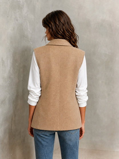 ElevenOra Chic Elegant Camel Wool Blend Notched Lapel Sleeveless PU Belted Slim-Fit Vest
