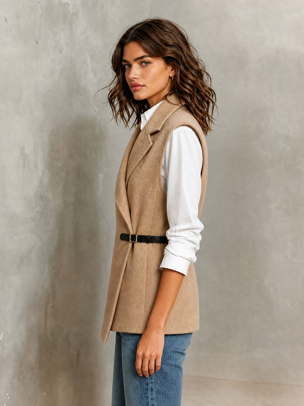 ElevenOra Chic Elegant Camel Wool Blend Notched Lapel Sleeveless PU Belted Slim-Fit Vest