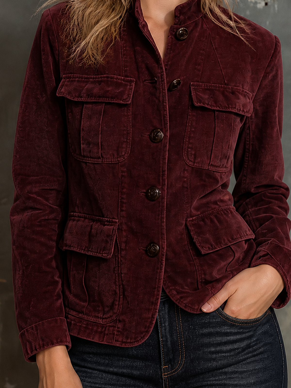 ElevenOra Chic Casual Deep Burgundy Stand Collar Single-Breasted Patch Pocket Long-Sleeve Loose-Fit Cotton Blend Cargo Jacket