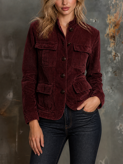ElevenOra Chic Casual Deep Burgundy Stand Collar Single-Breasted Patch Pocket Long-Sleeve Loose-Fit Cotton Blend Cargo Jacket
