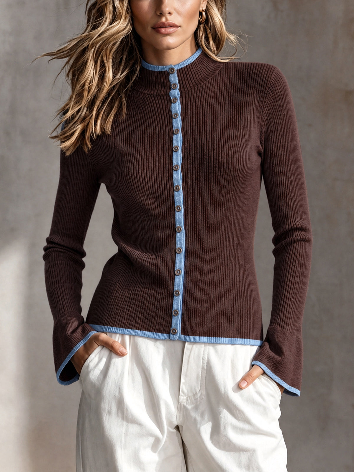 ElevenOra Chic Casual Coffee Round-Neck Single-Breasted Long-Sleeve Blue Trim Detail Slim-Fit Wool Blend Ribbed Knit Cardigan