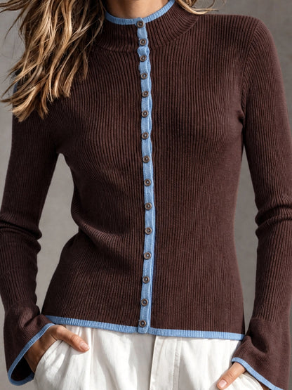 ElevenOra Chic Casual Coffee Round-Neck Single-Breasted Long-Sleeve Blue Trim Detail Slim-Fit Wool Blend Ribbed Knit Cardigan