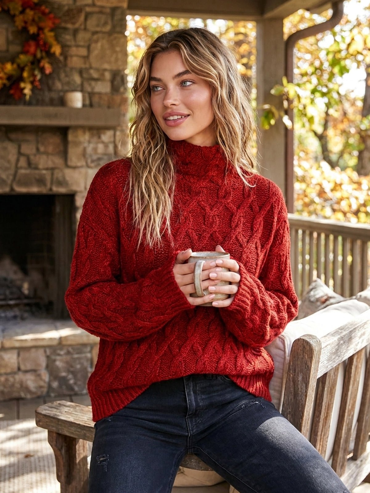 ElevenOra Chic Casual Red Mock-Neck Dropped-Shoulder Long-Sleeve Loose-Fit Wool Blend Cable-Knit Sweater