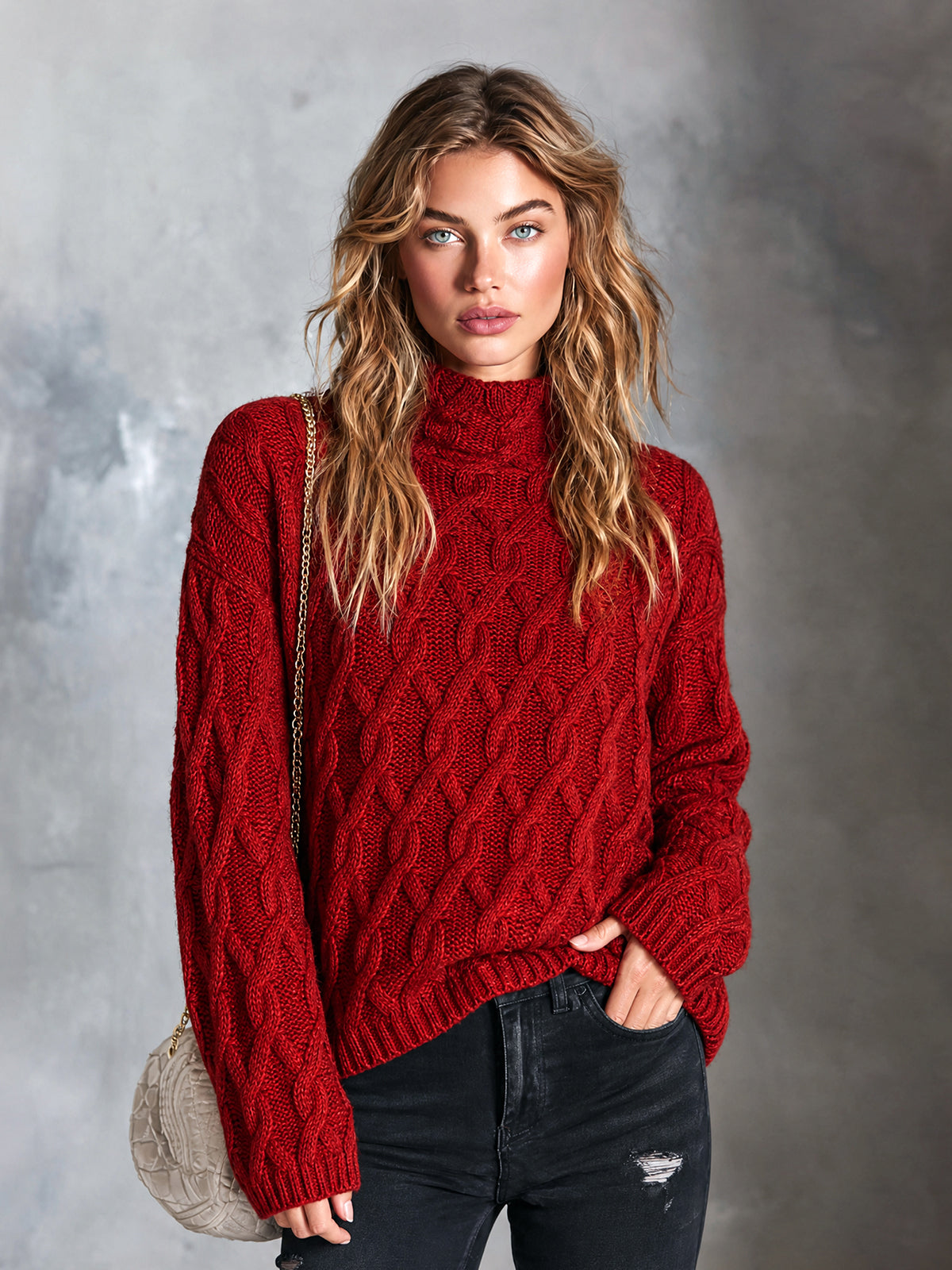 ElevenOra Chic Casual Red Mock-Neck Dropped-Shoulder Long-Sleeve Loose-Fit Wool Blend Cable-Knit Sweater