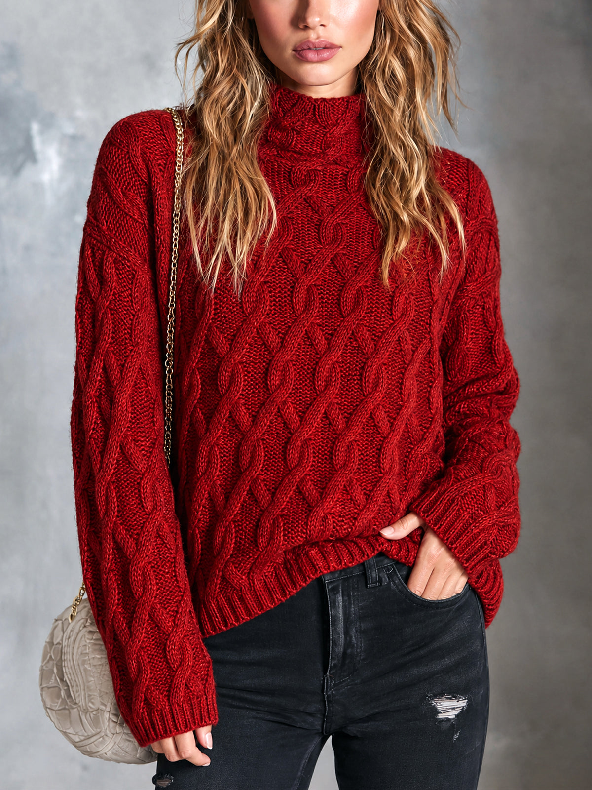 ElevenOra Chic Casual Red Mock-Neck Dropped-Shoulder Long-Sleeve Loose-Fit Wool Blend Cable-Knit Sweater