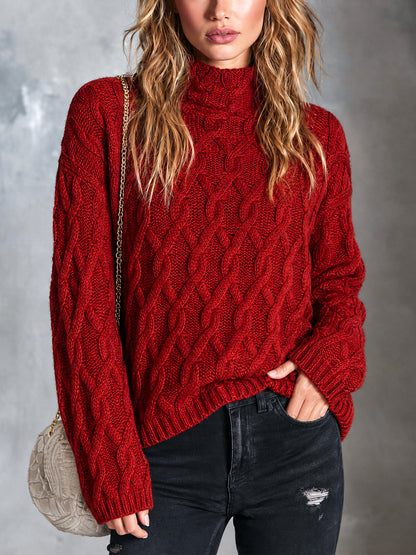 ElevenOra Chic Casual Red Mock-Neck Dropped-Shoulder Long-Sleeve Loose-Fit Wool Blend Cable-Knit Sweater