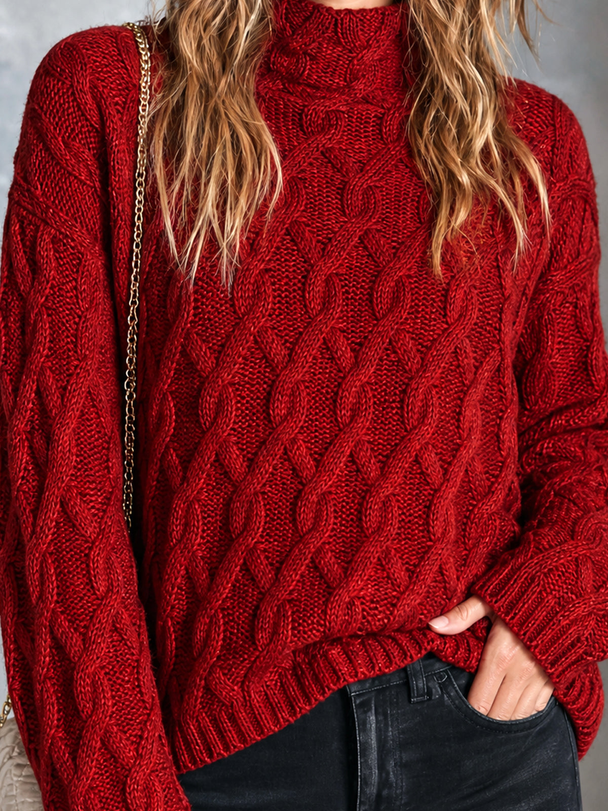 ElevenOra Chic Casual Red Mock-Neck Dropped-Shoulder Long-Sleeve Loose-Fit Wool Blend Cable-Knit Sweater