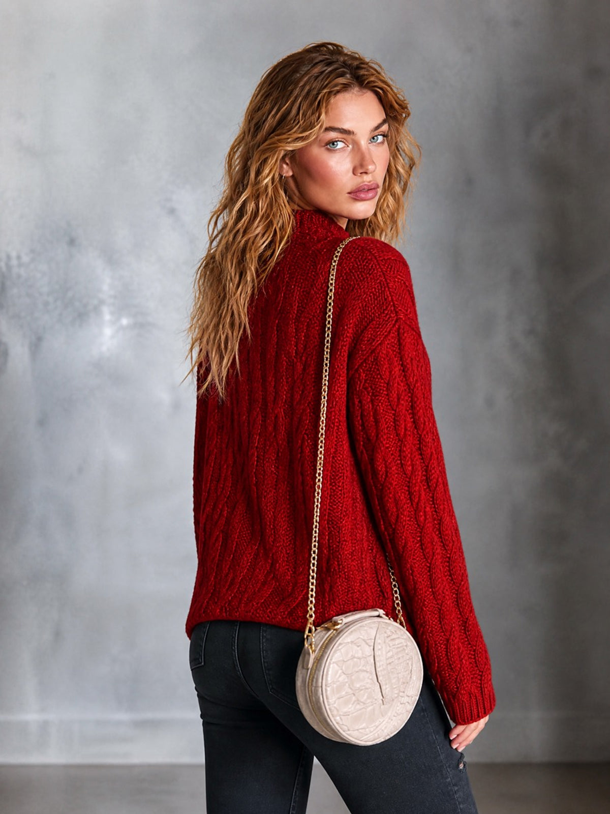 ElevenOra Chic Casual Red Mock-Neck Dropped-Shoulder Long-Sleeve Loose-Fit Wool Blend Cable-Knit Sweater