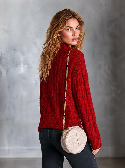 ElevenOra Chic Casual Red Mock-Neck Dropped-Shoulder Long-Sleeve Loose-Fit Wool Blend Cable-Knit Sweater