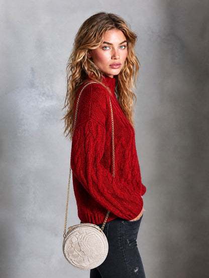 ElevenOra Chic Casual Red Mock-Neck Dropped-Shoulder Long-Sleeve Loose-Fit Wool Blend Cable-Knit Sweater