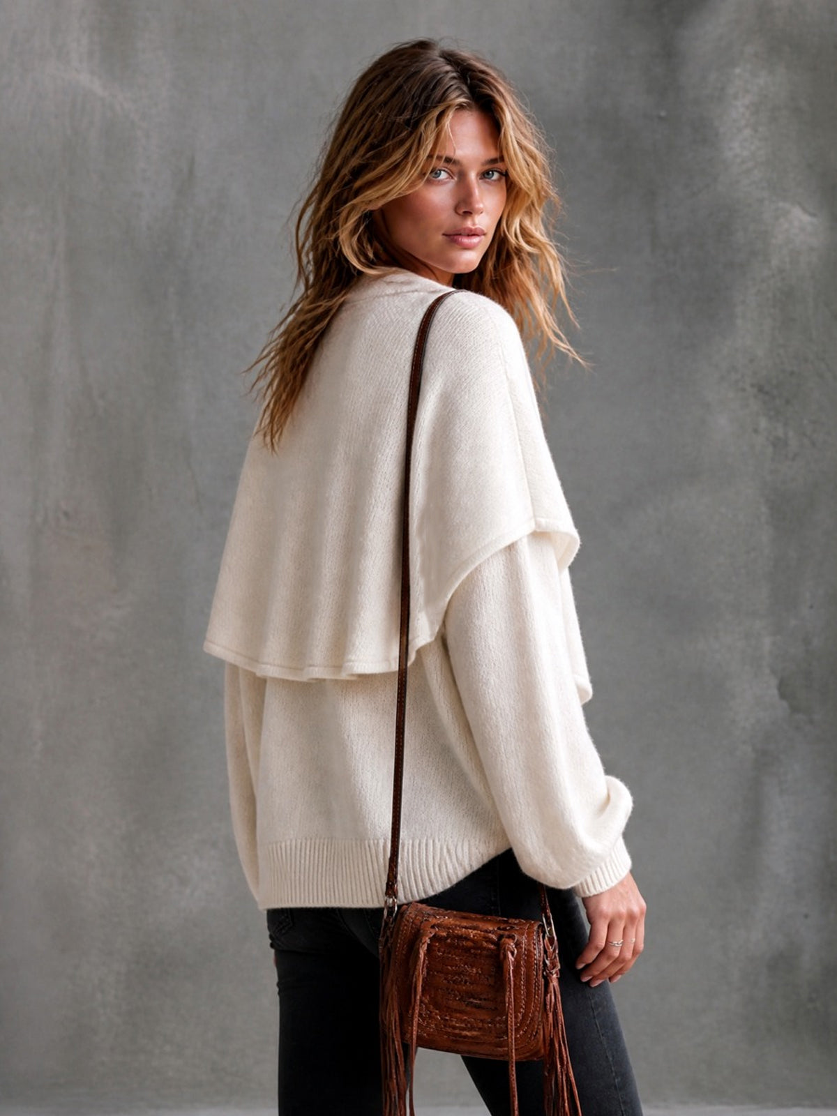 ElevenOra Chic Elegant Beige Large Lapel Round-Neck Long-Lantern-Sleeve Loose-Fit Wool Blend Knit Sweater