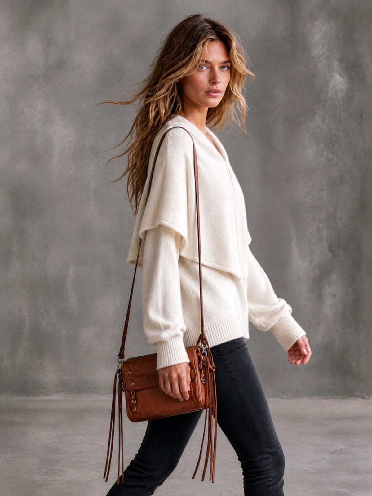 ElevenOra Chic Elegant Beige Large Lapel Round-Neck Long-Lantern-Sleeve Loose-Fit Wool Blend Knit Sweater