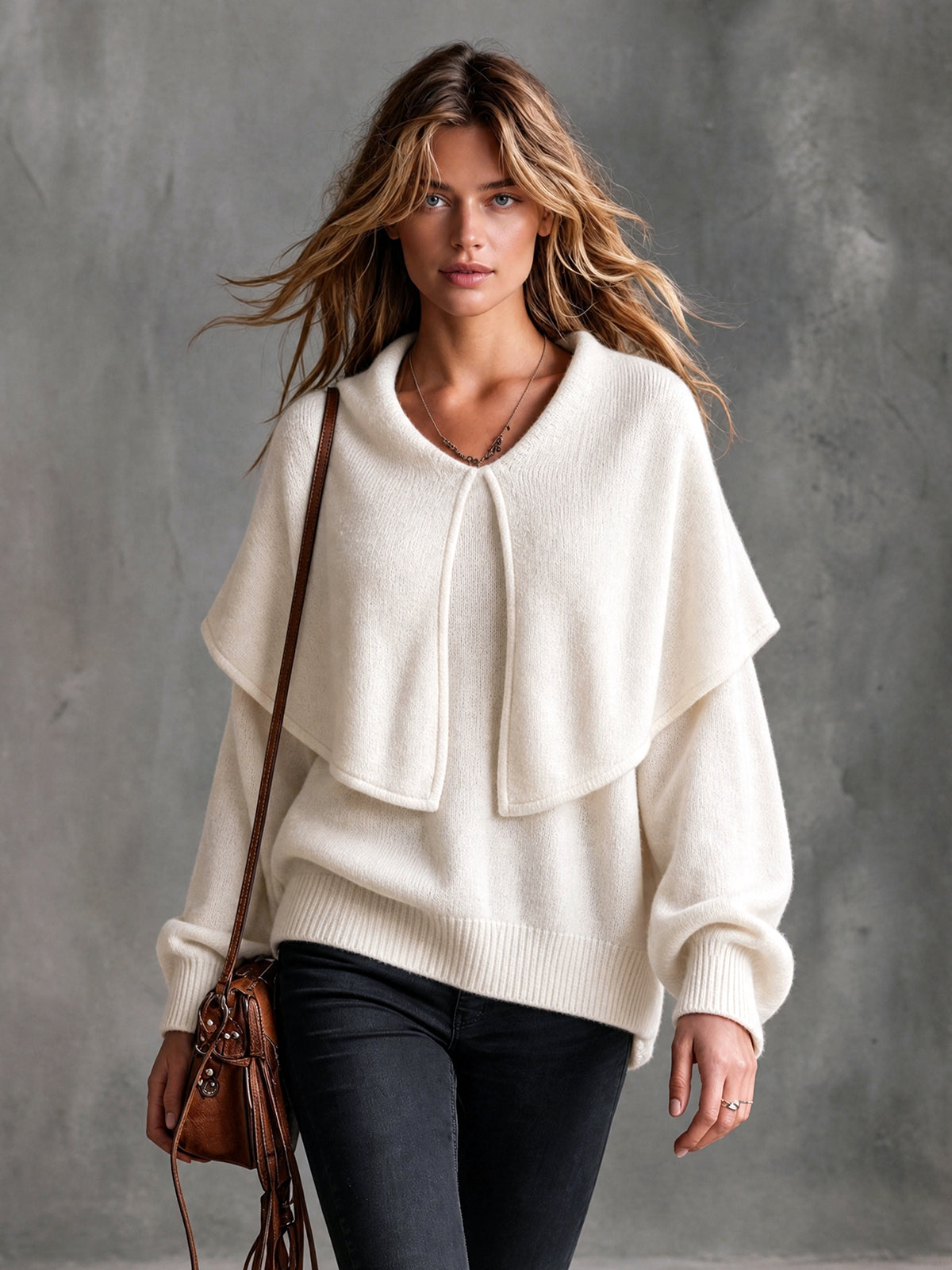 ElevenOra Chic Elegant Beige Large Lapel Round-Neck Long-Lantern-Sleeve Loose-Fit Wool Blend Knit Sweater