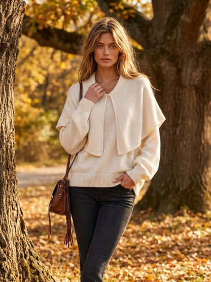 ElevenOra Chic Elegant Beige Large Lapel Round-Neck Long-Lantern-Sleeve Loose-Fit Wool Blend Knit Sweater