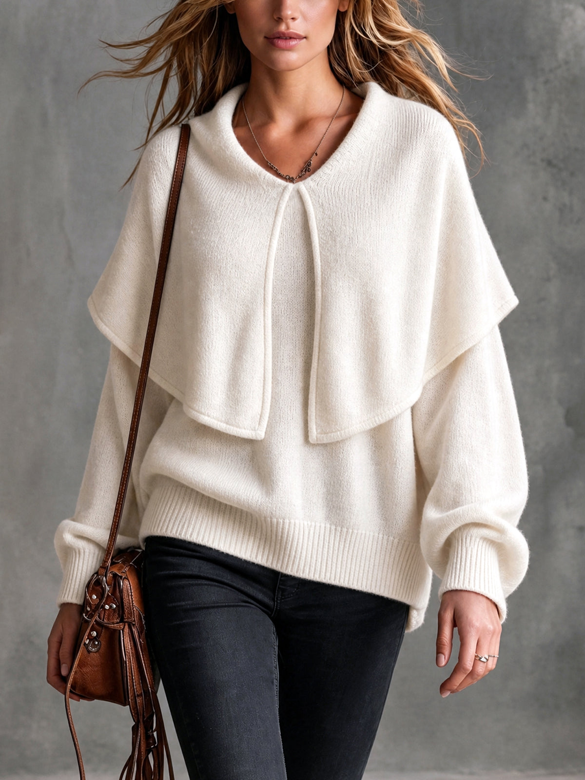 ElevenOra Chic Elegant Beige Large Lapel Round-Neck Long-Lantern-Sleeve Loose-Fit Wool Blend Knit Sweater