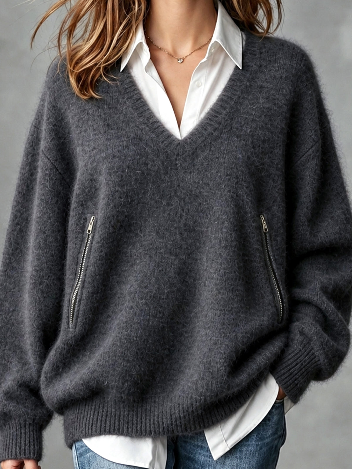 ElevenOra Chic Casual Gray V-Neck Dropped-Shoulder Long-Sleeve Zippered Pockets Loose-Fit Mohair Blend Knit Sweater
