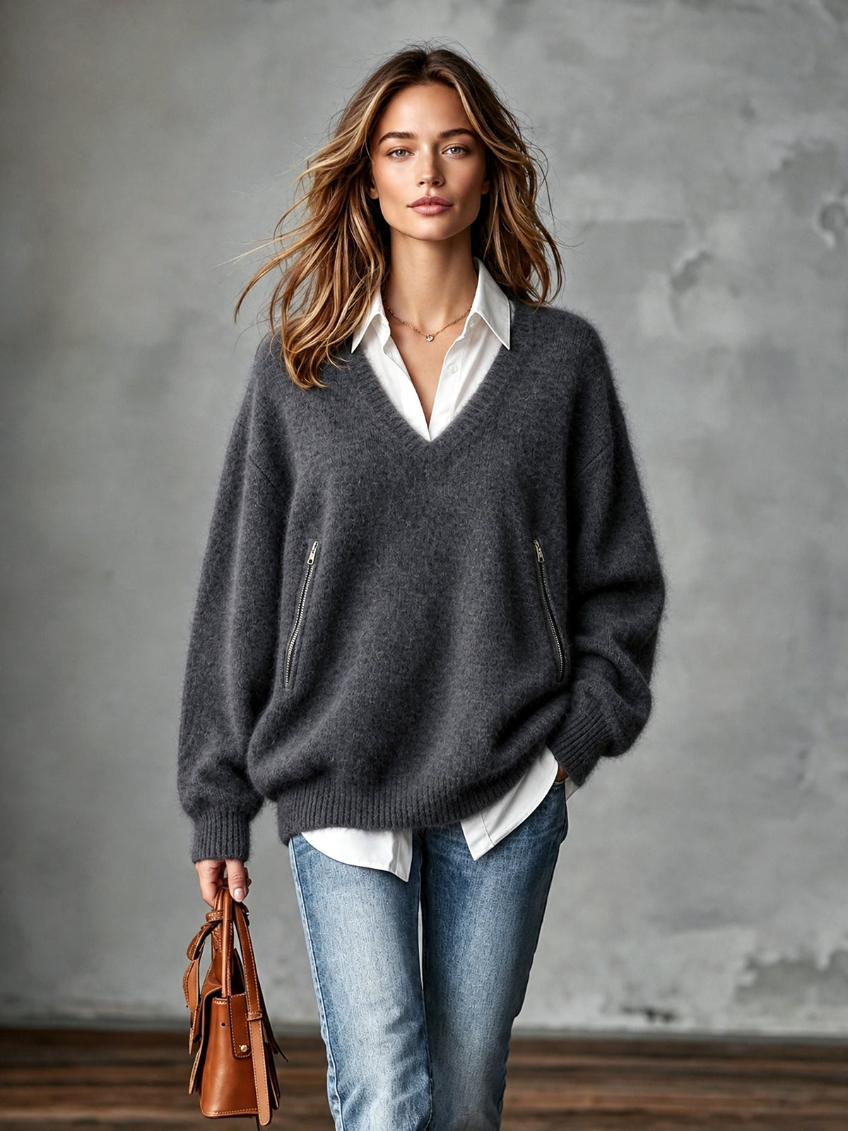 ElevenOra Chic Casual Gray V-Neck Dropped-Shoulder Long-Sleeve Zippered Pockets Loose-Fit Mohair Blend Knit Sweater