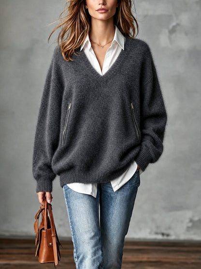 ElevenOra Chic Casual Gray V-Neck Dropped-Shoulder Long-Sleeve Zippered Pockets Loose-Fit Mohair Blend Knit Sweater