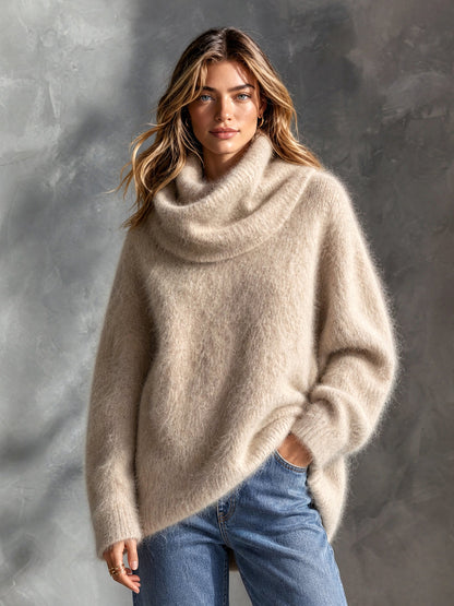ElevenOra Chic Elegant Oatmeal Cowl-Neck Dropped-Shoulder Long-Sleeve Oversize Mohair Blend Soft Knit Sweater