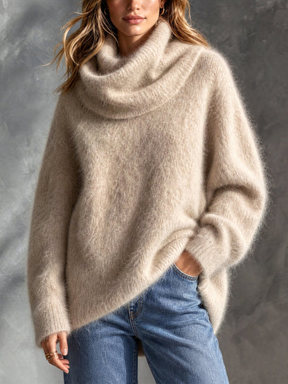 ElevenOra Chic Elegant Oatmeal Cowl-Neck Dropped-Shoulder Long-Sleeve Oversize Mohair Blend Soft Knit Sweater
