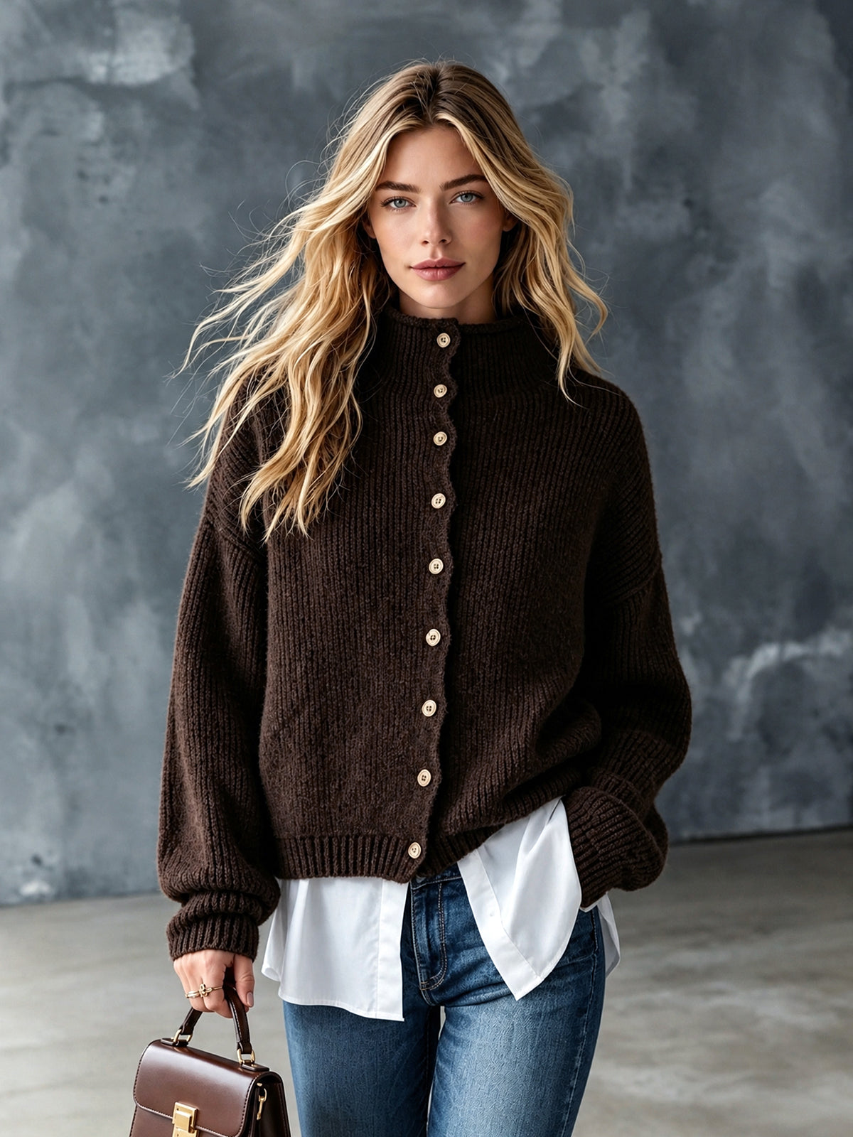 ElevenOra Chic Casual Coffee Round-Neck Single-Breasted Long-Sleeve White Cotton Patch Hem Wool Blend Knit Faux Two-Piece Cardigan