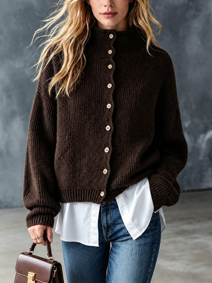 ElevenOra Chic Casual Coffee Round-Neck Single-Breasted Long-Sleeve White Cotton Patch Hem Wool Blend Knit Faux Two-Piece Cardigan
