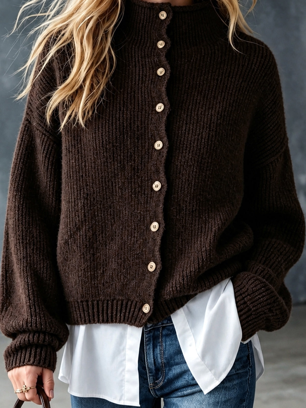 ElevenOra Chic Casual Coffee Round-Neck Single-Breasted Long-Sleeve White Cotton Patch Hem Wool Blend Knit Faux Two-Piece Cardigan