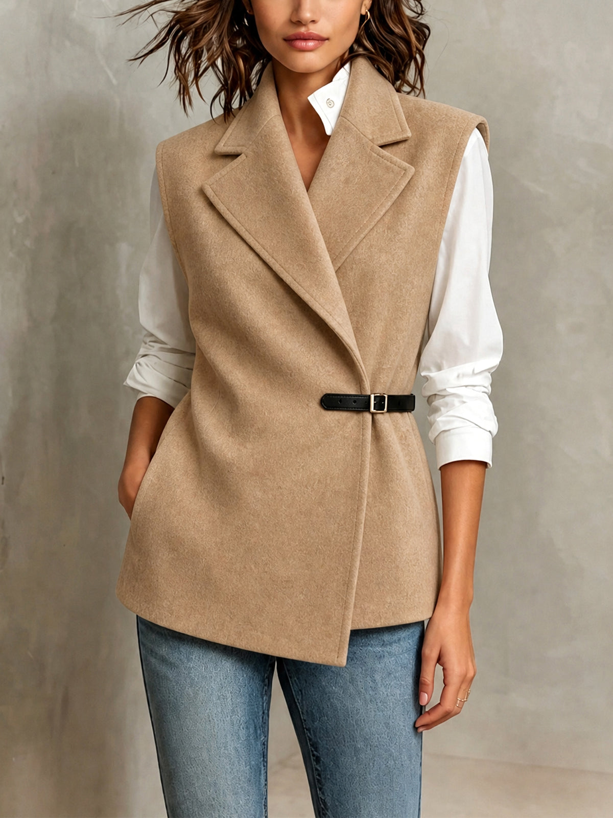 ElevenOra Chic Elegant Camel Wool Blend Notched Lapel Sleeveless PU Belted Slim-Fit Vest