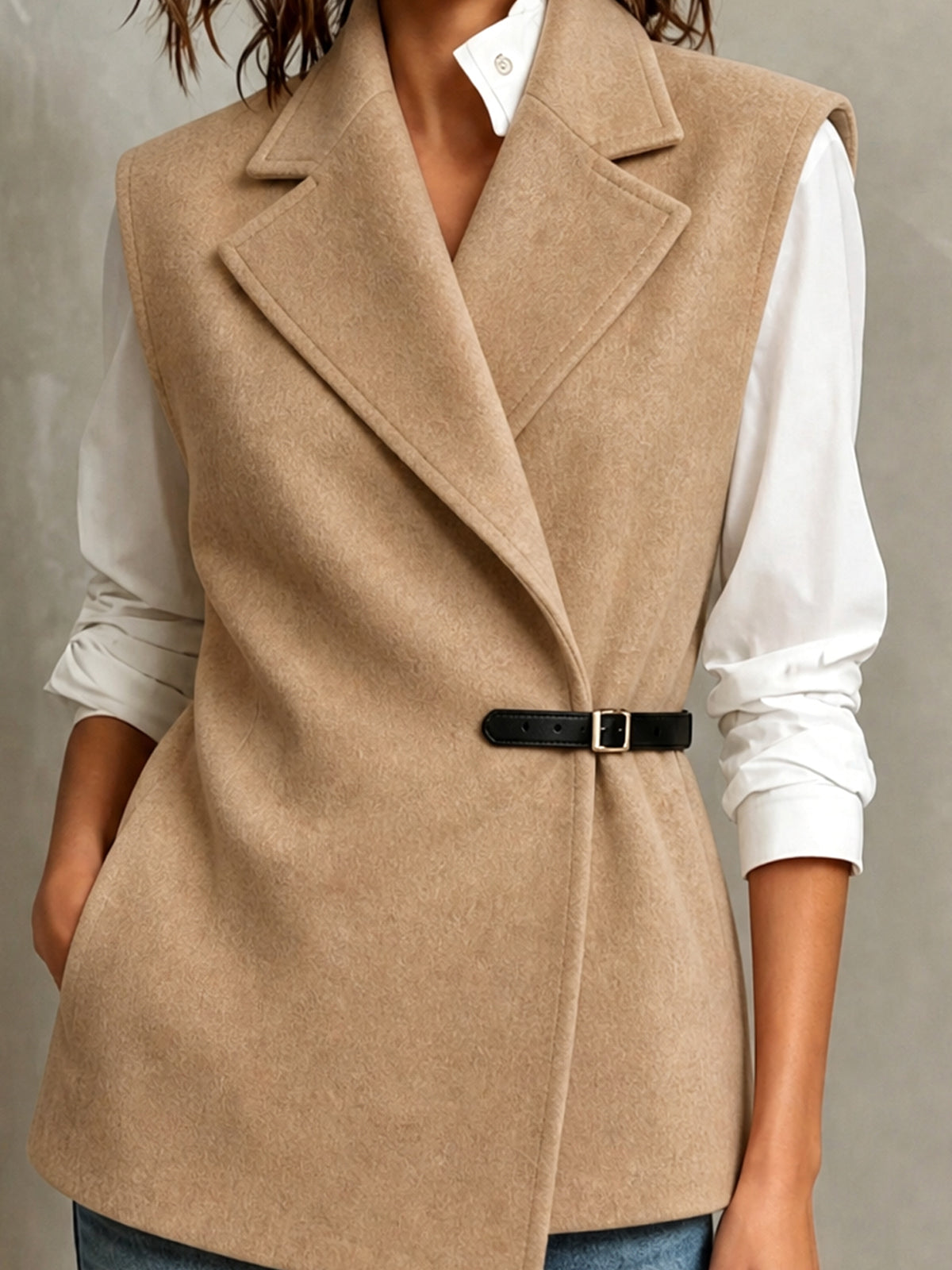 ElevenOra Chic Elegant Camel Wool Blend Notched Lapel Sleeveless PU Belted Slim-Fit Vest