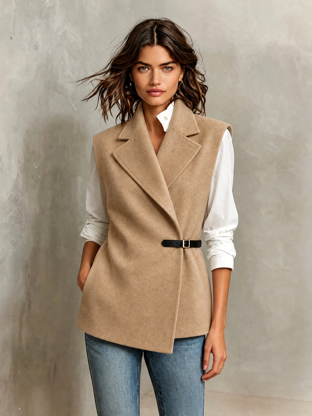ElevenOra Chic Elegant Camel Wool Blend Notched Lapel Sleeveless PU Belted Slim-Fit Vest