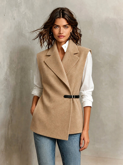 ElevenOra Chic Elegant Camel Wool Blend Notched Lapel Sleeveless PU Belted Slim-Fit Vest