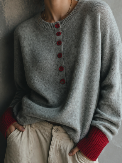ElevenOra Chic Casual Heather Grey Round-Neck Contrast Button Long Sleeve Loose-Fit Wool Blend Knit Sweater
