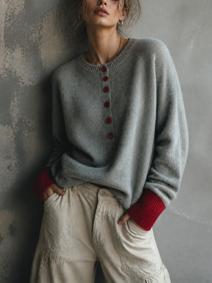 ElevenOra Chic Casual Heather Grey Round-Neck Contrast Button Long Sleeve Loose-Fit Wool Blend Knit Sweater