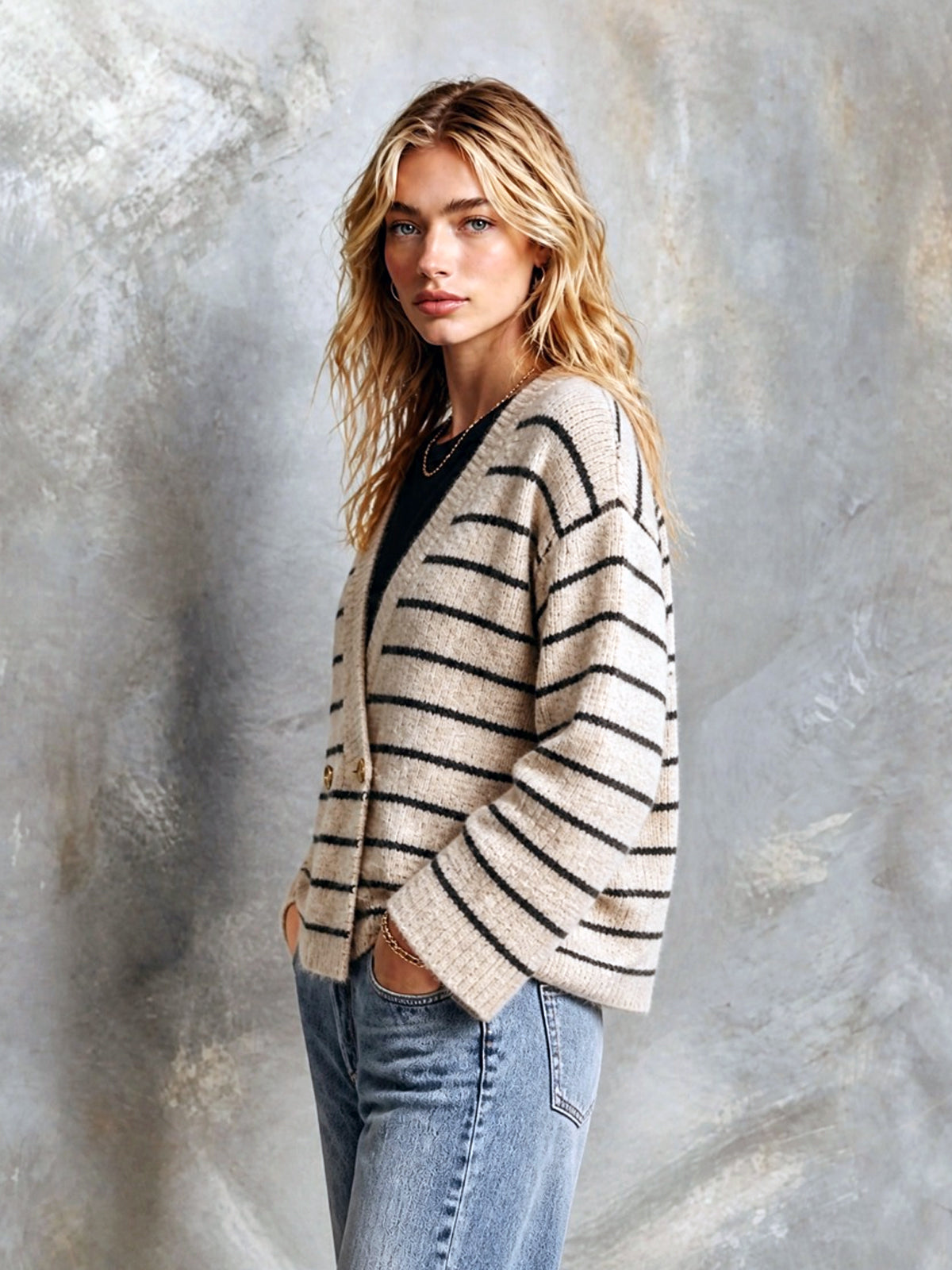 ElevenOra Chic Elegant Oatmeal-Black Stripes V-Neck Long-Flare-Sleeve Double-Breasted Loose-Fit Wool Blend Knit Cardigan