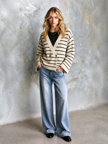 ElevenOra Chic Elegant Oatmeal-Black Stripes V-Neck Long-Flare-Sleeve Double-Breasted Loose-Fit Wool Blend Knit Cardigan